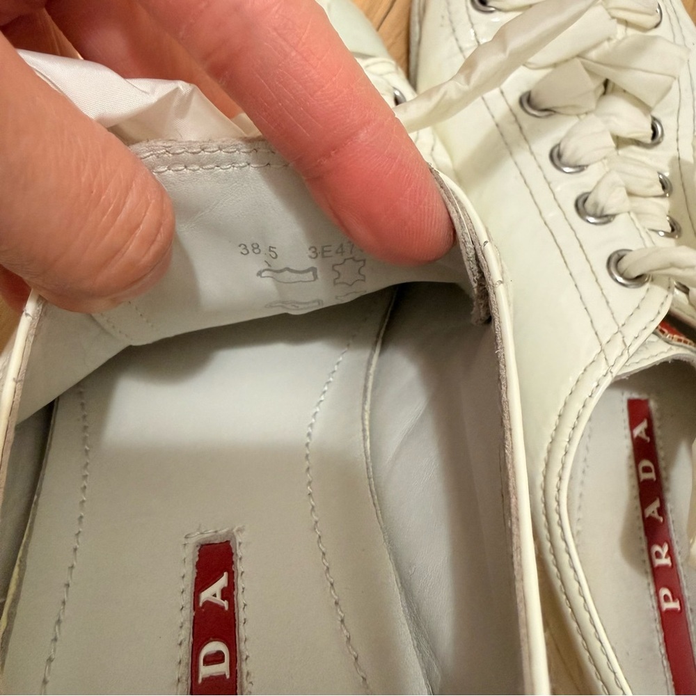 Authentic Prada Patent Leather White Women’s Sneakers with Dust Bag Size 38.5 - Picture 7 of 9